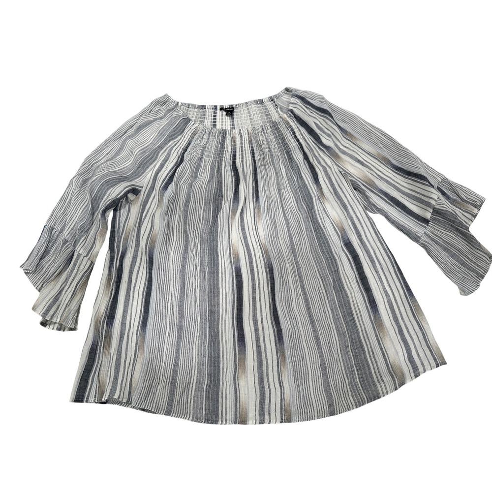 Zac & Rachel Womens 2X Blue Striped Smocked Neck Bell Sleeve Blouse Top Boho